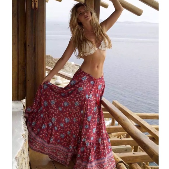 SOLD OUT Red Floral Gypsy Boho Button Up Maxi Skirt - Picture 6 of 14